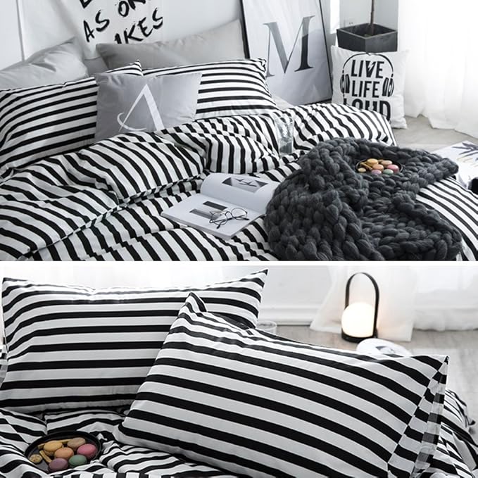 CLOTHKNOW Striped King Size Comforter Set 3Pcs Black White Bedding Comforter Sets Soft Farmhouse Ticking Comforter with 2 x Pillow Cases