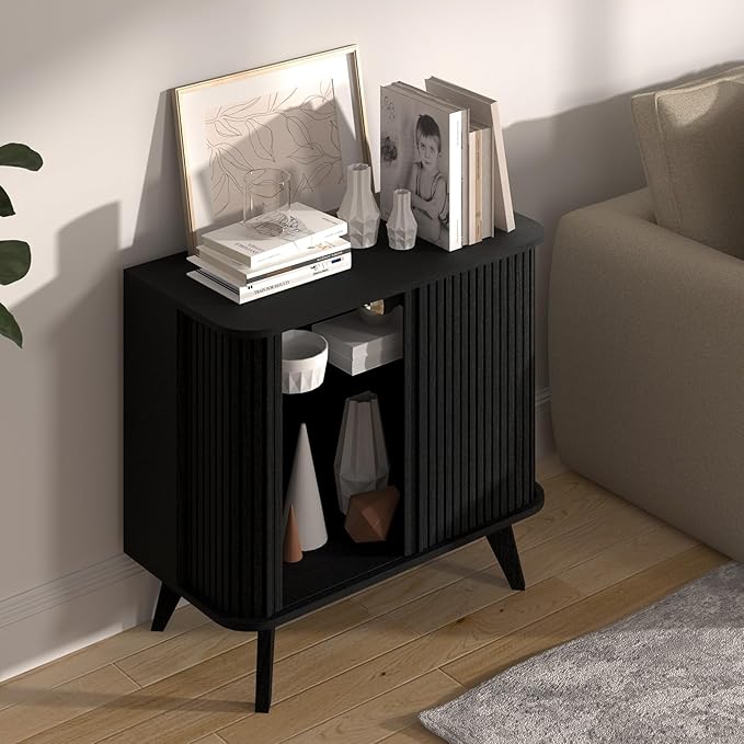 Fluted Sideboard Buffet Cabinet with Storage, 27” Curvy Edge Accent Storage Cabinet with Sliding Doors & Shelves, Modern Sideboard Credenza Console for Kitchen, Living Room, Entryway, Black