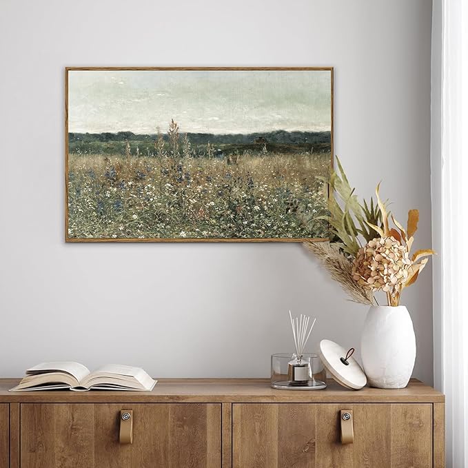 KBKBART Framed Canvas Print Wall Art, Vintage Wall art Wildflower Field Vintage Print, Neutral Country Meadow Landscape Nature Painting Rustic Farmhouse Decor, Retro Botanical Bathroom Wall Decor for