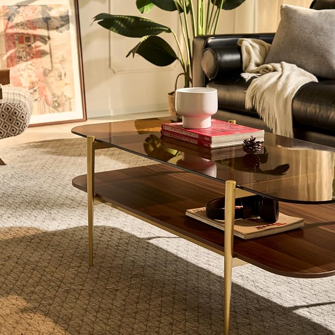 Saint Mossi Tadio Oval Glass Coffee Table, Double Layer Coffee Table for Living Room, Brown Glass & Coffee Brown MDF Bottom Shelf, H17xL47xW21