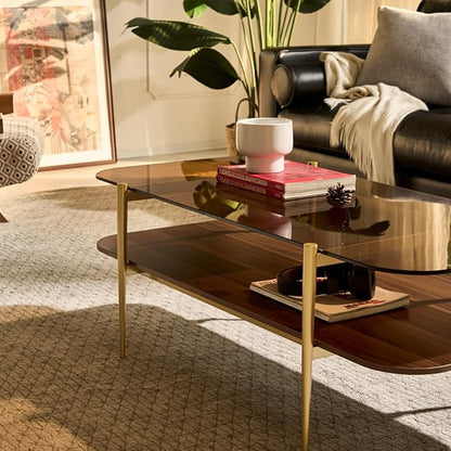 Saint Mossi Tadio Oval Glass Coffee Table, Double Layer Coffee Table for Living Room, Brown Glass & Coffee Brown MDF Bottom Shelf, H17xL47xW21