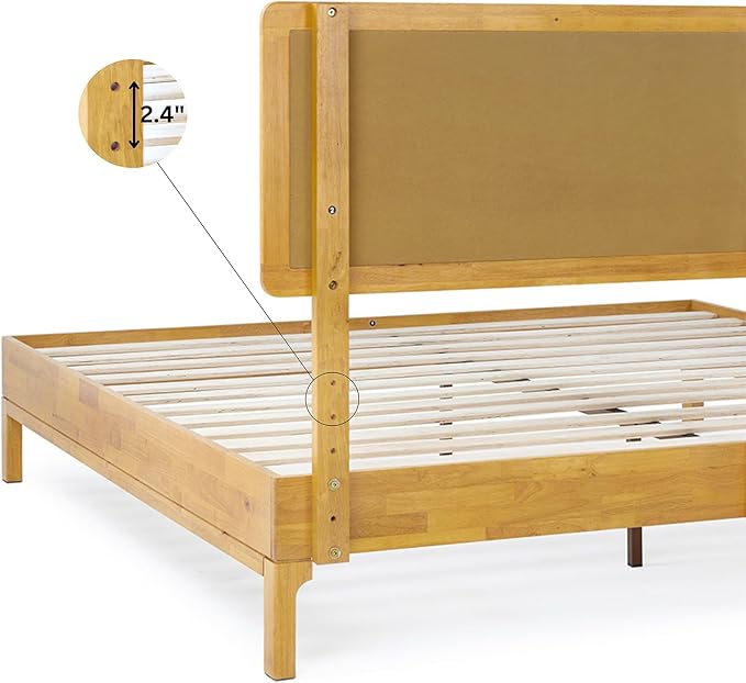 Bme Nipe Bed Frame with Headboard, Bohemian and Mid-Century Modern Style, Solid Rubber Wood Platform Bed with Slat Support, No Box Spring Needed, Easy Assembly, Queen - Natural