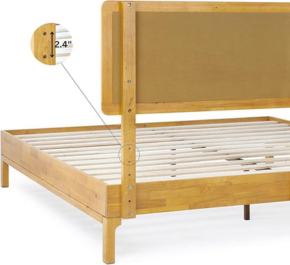 Bme Nipe Bed Frame with Headboard, Bohemian and Mid-Century Modern Style, Solid Rubber Wood Platform Bed with Slat Support, No Box Spring Needed, Easy Assembly, Queen - Natural
