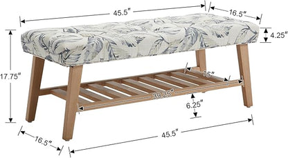 Wooden End of Bed Bench with Shoe Shelf 2 Tier Farmhouse Button Tufted Linen Fabric Upholstered Entryway Bench for Living Room/Bedroom/Hallway/Window Corner, Blue