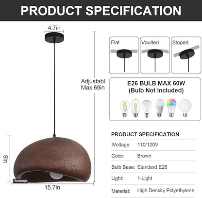 15.7in Wabi Sabi Pendant Lights Kitchen Island Lighting Fixture Ceiling Mount Brown Modern Japanese Lamp Japandi Chandelier for Dining Living Room Hallway Bedroom Restaurant Hanging Lamp