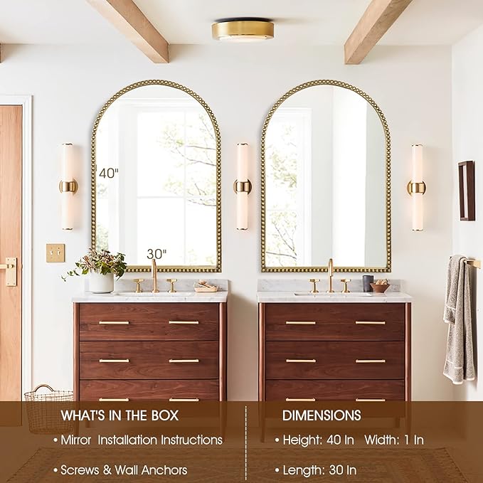 Arched Wall Mirror for Bathroom, 30"x40" Metal Beaded Frame Decorative Accent Mirror, Large Modern Distressed Hanging Wall Decor for Washroom, Bedroom, Living Room, Entryway, Antique Gold