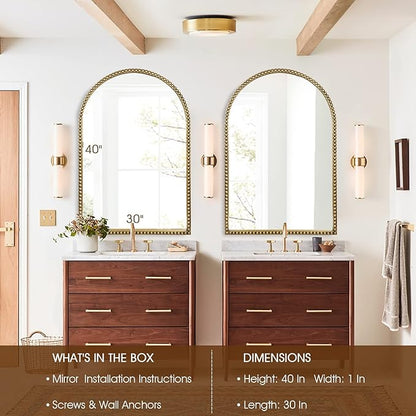 Arched Wall Mirror for Bathroom, 30"x40" Metal Beaded Frame Decorative Accent Mirror, Large Modern Distressed Hanging Wall Decor for Washroom, Bedroom, Living Room, Entryway, Antique Gold