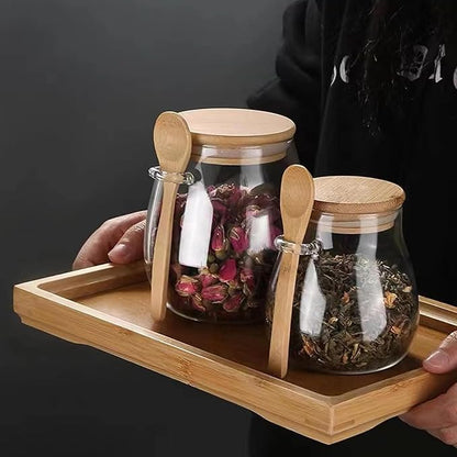 Airtight glass jar storage container with bamboo lid Set of 4, wide mouth, leak-proof, With a spoon, can be used for coffee beans, tea leaves, grains, dried fruits, etc (Small*4pcs)