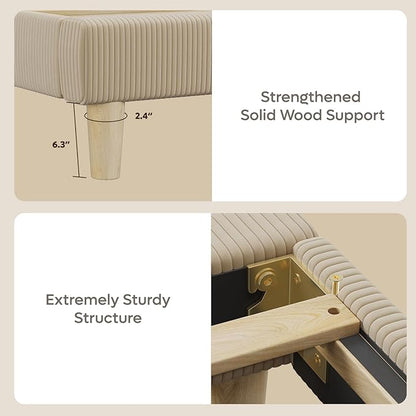 Bestier Queen Bed Frame with Adjustable Headboard, LED Lighting, Vertical Channel Tufted Corduroy Upholstered, Solid Wooden Slats Support, No Box Spring Needed, Never Squeaks, Easy Assembly, Taupe