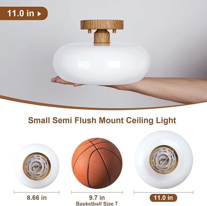 Mid-Century Modern Semi Flush Mount Ceiling Light, Faux Wood Kitchen Ceiling Light Fixture with Glass Shade, Mini White Close to Ceiling Lamp for Entryway Hallway Bathroom (11.0 Inch)