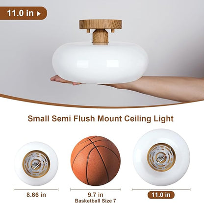 Mid-Century Modern Semi Flush Mount Ceiling Light, Faux Wood Kitchen Ceiling Light Fixture with Glass Shade, Mini White Close to Ceiling Lamp for Entryway Hallway Bathroom (11.0 Inch)