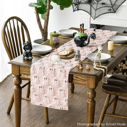 Artoid Mode Pink Ghost Soft Plush Faux Fur Jacquard Halloween Table Runner, Holiday Kitchen Dining Table Decoration for Home Party Decor 13x72 Inch