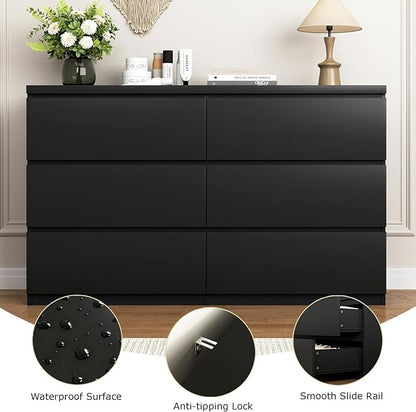 Dresser for Bedroom,Modern Large Wood Dresser,6 Chest of Drawers,Living Room,Hallway,Entryway,TV Stand Drawer Organizer(Black)