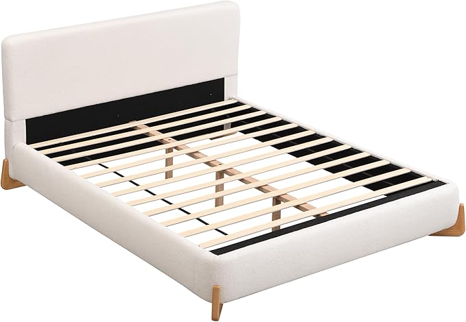 Merax Queen Bed Frame and Headboard, Boucle Upholstered Bed Platform Bedframe, No Box Spring Required, Easy Assembly, White