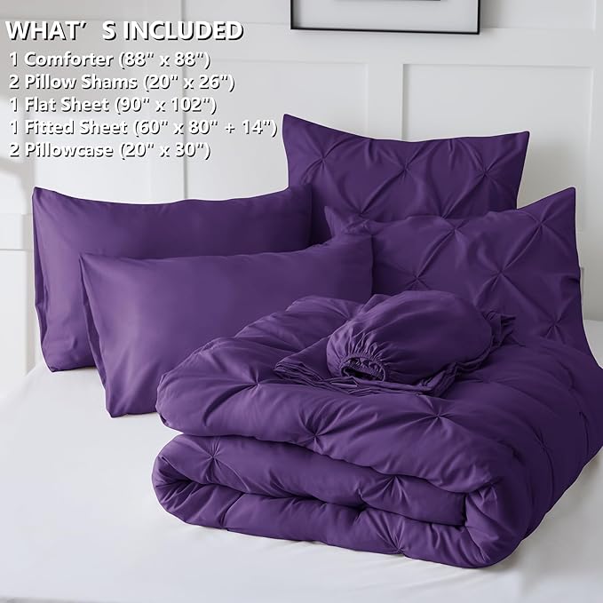 CozyLux Queen Comforter Set Purple, 7 Pieces Pintuck Bed in A Bag, Premium Purple Comforter Queen Size, Pinch Pleat Bedding Sets with Comforter, Sheets, Pillowcases & Shams