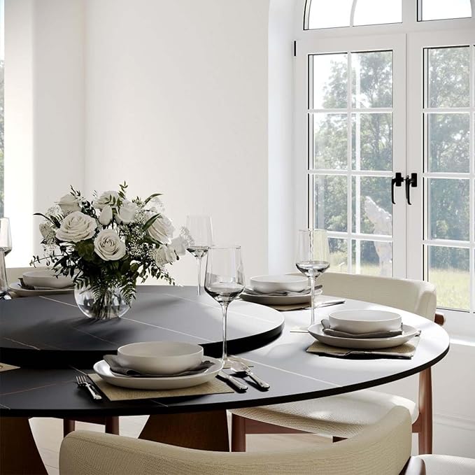 POVISON Round Dining Table with Lazy Susan for 4, 51" Matte Black Sintered Stone Top Dining Table with Bronze Carbon Steel Pedestal, Modern Dining Room Table for Kitchen, Living Room (Table Only)