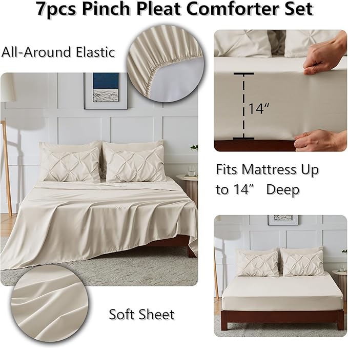 CozyLux California King Comforter Set Beige - 7 Pieces Cal King Bed in A Bag Gift for Family, Pinch Pleat Bedding Sets with All Season Comforter, Sheets, Pillowcases & Shams