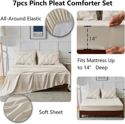 CozyLux Full Size Comforter Sets Beige, 7 Pieces Bed in A Bag Beige Comforter Full Size, Pinch Pleat Bedding Sets with All Season Comforter, Sheets, Pillowcases & Shams