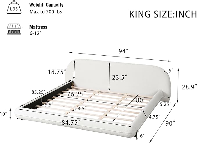 White King Size Bed Frame, Upholstered Cloud Boucle Platform Beds Frames with Headboard, Anti-Collision Soft Rounded Corners Footboard, No Box Spring Required, Easy Assembly (29" H White, King)