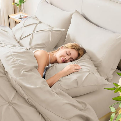 CozyLux Full Size Comforter Sets Beige, 7 Pieces Bed in A Bag Beige Comforter Full Size, Pinch Pleat Bedding Sets with All Season Comforter, Sheets, Pillowcases & Shams