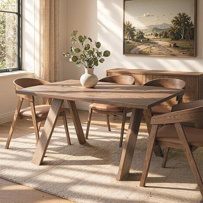 Acanva Farmhouse Rectangular Dining Table for 6 People, Modern Mid-Century Walnut Kitchen Dinner Tables Furniture, Walnut