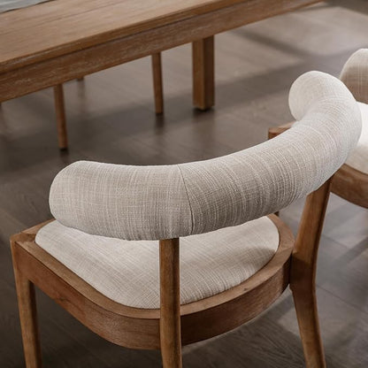 Wood Dining Chairs Set of 2, Mid Century Modern Living Room Chairs with Unique Curved Open Back Comfy Linen Upholstered Side Chair for Kitchen/Restaurant/Reception, Beige
