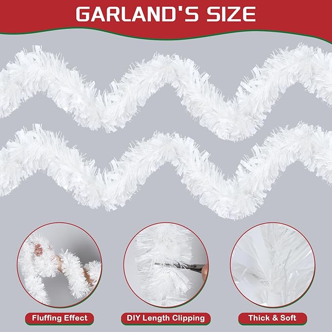 50FT White Christmas Tinsel Garland, Metallic Tinsel Glitter Twist Garlands Hanging Streamers, Xmas Tree Garland Decorations