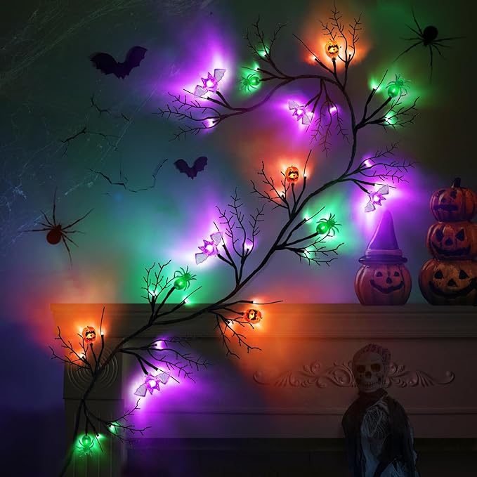 [ 8 Modes & Timer ] 6 Ft 54 LED Halloween Willow Vine Twig Decor Garland with 6 Bats & Pumpkins & Spiders Lights Waterproof Battery Operated Halloween Decorations Home Wall Fireplace Decor