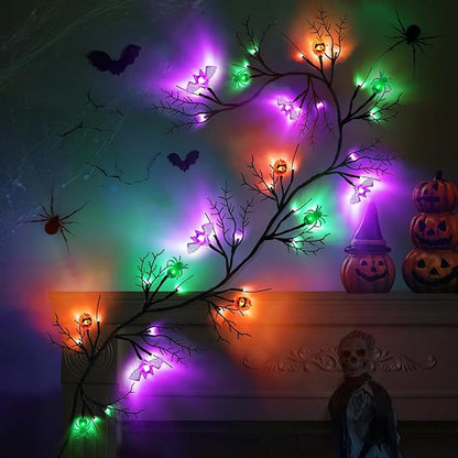 [ 8 Modes & Timer ] 6 Ft 54 LED Halloween Willow Vine Twig Decor Garland with 6 Bats & Pumpkins & Spiders Lights Waterproof Battery Operated Halloween Decorations Home Wall Fireplace Decor