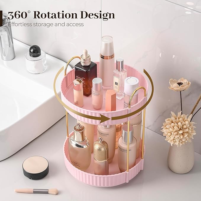 Aveniee 360 Rotating Makeup Organizer for Vanity, Skincare Perfume Organizers, Bathroom Countertop Organizer and Storage, Clear Cosmetics Lipstick Holder for Dresser,2 Tiers, Pink