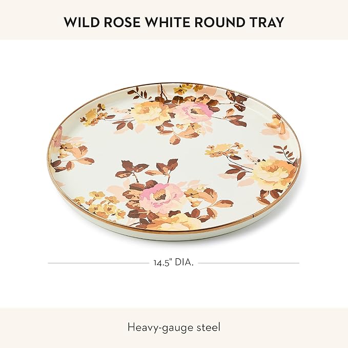 MACKENZIE-CHILDS Enamel Round Tray Unique Serving Platter for Food and Drinks, Wild Rose White