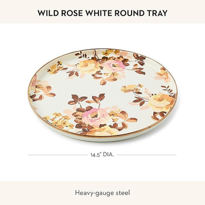 MACKENZIE-CHILDS Enamel Round Tray Unique Serving Platter for Food and Drinks, Wild Rose White