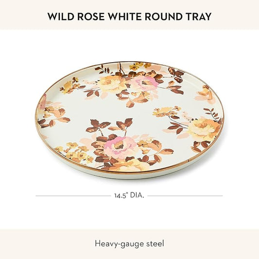 MACKENZIE-CHILDS Enamel Round Tray Unique Serving Platter for Food and Drinks, Wild Rose White