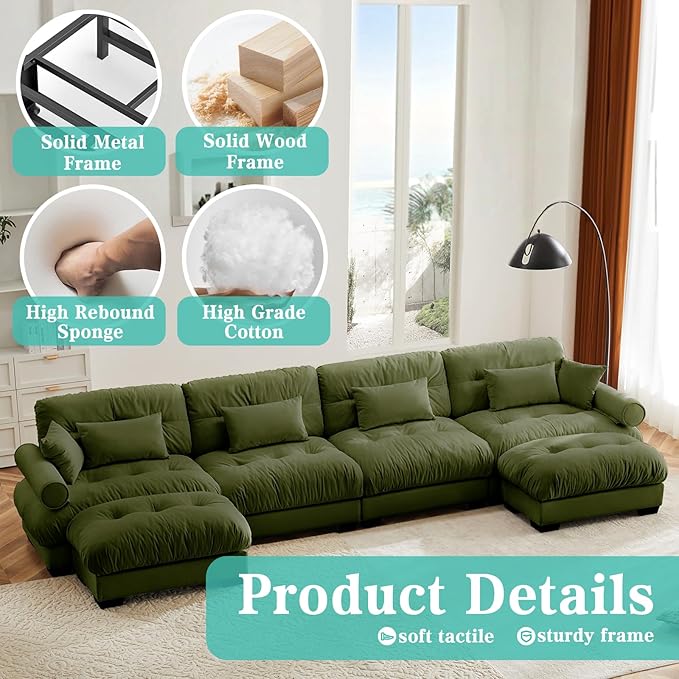 SoarFlash Sectional Sofa Couch, U Shaped Modern Modular Sofa with Solid Wood Legs, Couches Sofas for Living Room Apartment, Comfortable Couches, Green