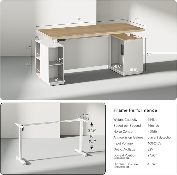 71" Standing Executive Desk with Privacy Panel, Large One-Piece Electric Height Adjustable Stand Up Office Desk with Charging Station, File Cabinet Storage, Home and Office, Light Walnut