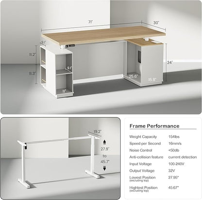 71" Standing Executive Desk with Privacy Panel, Large One-Piece Electric Height Adjustable Stand Up Office Desk with Charging Station, File Cabinet Storage, Home and Office, Light Walnut