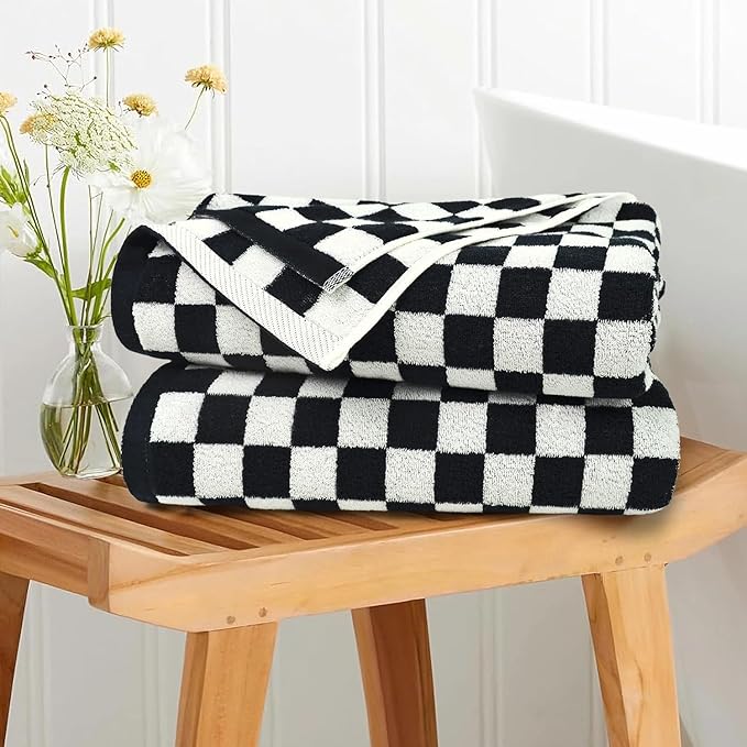 Jacquotha Bath Towels 100% Cotton Soft Absorbent Quick Dry Set of 2 Towels for Bathroom, Black & White Checkered