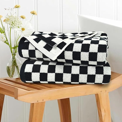 Jacquotha Bath Towels 100% Cotton Soft Absorbent Quick Dry Set of 2 Towels for Bathroom, Black & White Checkered