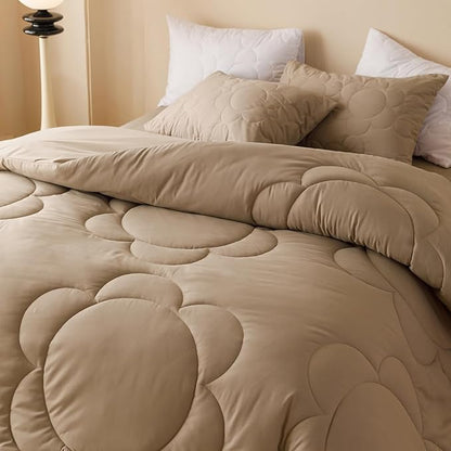 CLOTHKNOW Khaki King Comforter Set 3Pcs Daisy Puff Bedding Comforter Sets Brown Boho Comforters Soft Taupe Comforter with 2 x Pillowcases