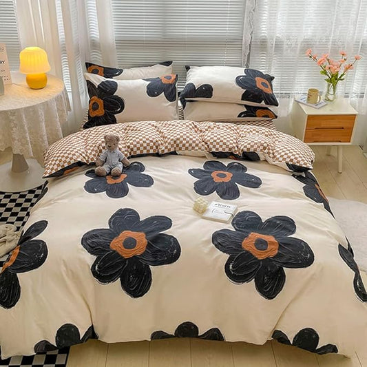 CLOTHKNOW Black Sunflower King Size Comforter Set Floral Bedding Comforter Sets Pumpkin Grid Comforter Boho Comforter with 2 x Pillow Cases