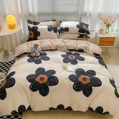 CLOTHKNOW Black Floral Queen Comforter Set Sunflower Bedding Comforter Sets Pumpkin Grid Comforter Soft Botanical Queen Comforter with 2 x Pillow Cases