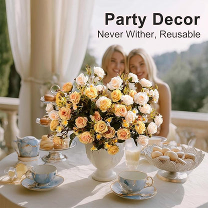 Artificial Flowers for Outdoor 4 Bundles Rose Bouquet with Daisy Faux Flowers UV Resistant for Home Indoor Outside Garden Porch Window Box Balcony Yard Porch Decor (White+Yellow)