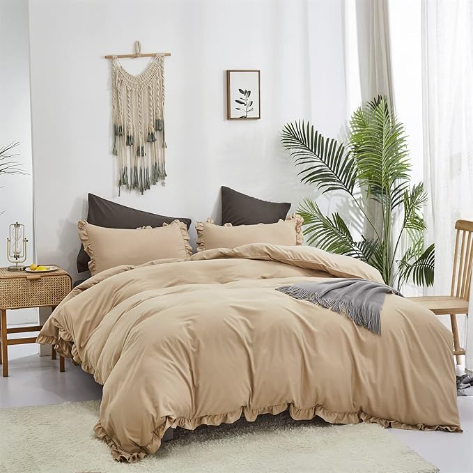 CLOTHKNOW Taupe Ruffles Twin/Twin XL Comforter Set 3Pcs Farmhouse Bedding Comforter Sets Soft Shabby Chic Comforter with 2 x Pillow Cases