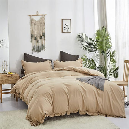 CLOTHKNOW Taupe Ruffles Twin/Twin XL Comforter Set 3Pcs Farmhouse Bedding Comforter Sets Soft Shabby Chic Comforter with 2 x Pillow Cases