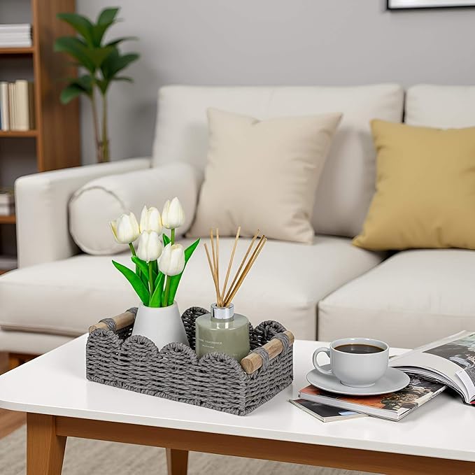 CubesLand Scalloped Edge Toilet Paper Storage Basket, Living Room Home Cozy Decor Basket, Paper Rope Small Baskets for Over Toilet Storage Shelf, Shelves, with 2 Wooden Handles, Grey