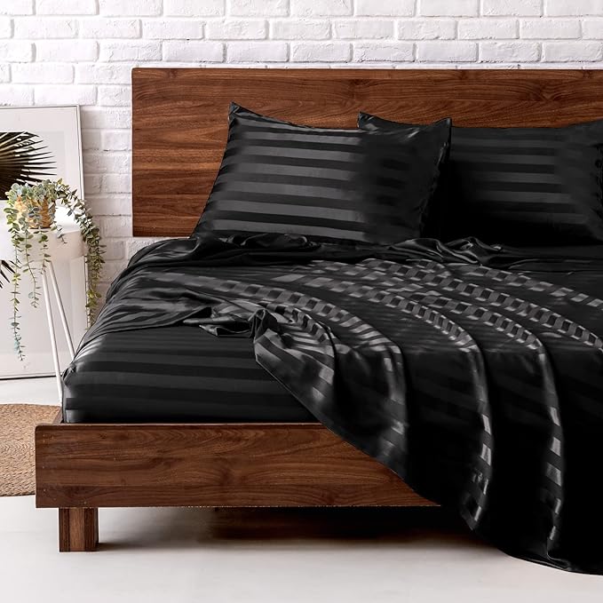 MR&HM Satin Bed Sheets, Twin Size Sheets Set, 3 Pcs Silky Bedding Set with 15 Inches Deep Pocket for Mattress (Twin, Black Striped)