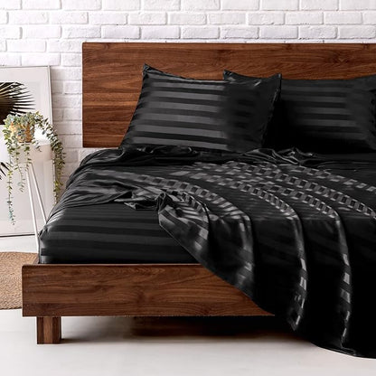 MR&HM Satin Bed Sheets, Queen Size Sheets Set, 4 Pcs Silky Bedding Set with 15 Inches Deep Pocket for Mattress (Queen, Black Striped)