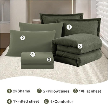 Geniospin Dark Olive Green Queen Comforter Set - 7 Pieces Comforter Queen Size, Solid Bedding Set for All Season, Textured Bed in a Bag with Sheets