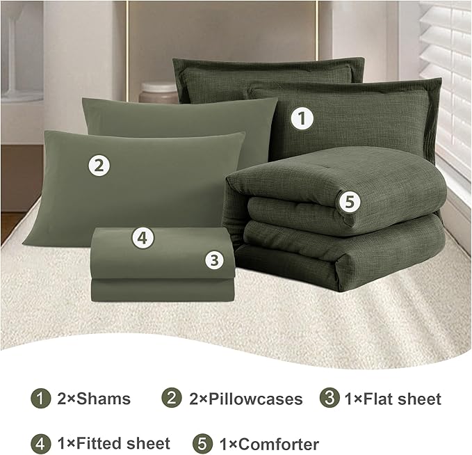 Geniospin King Comforter Set - 7 Pieces Comforter King Size, Soft Solid Bedding Set for All Season, Textured Bed in a Bag with Sheets, Pillowcases & Shams (Dark Green, 102''x90'')