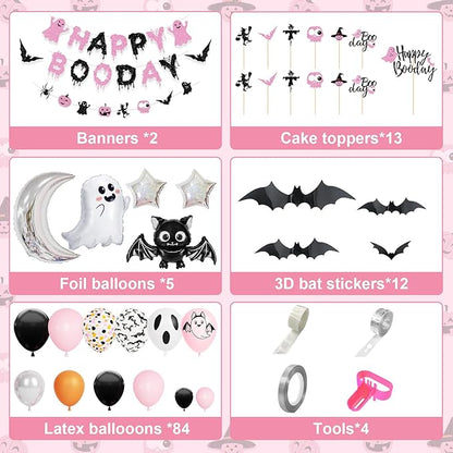 Amandir Pink Black Halloween Birthday Party Decorations, Happy Boo Day Glitter Banner Halloween Balloon Arch Garland kit Foil Bat Ghost Balloons Cake Toppers for Kids Girl Spooky Baby Shower Supplies